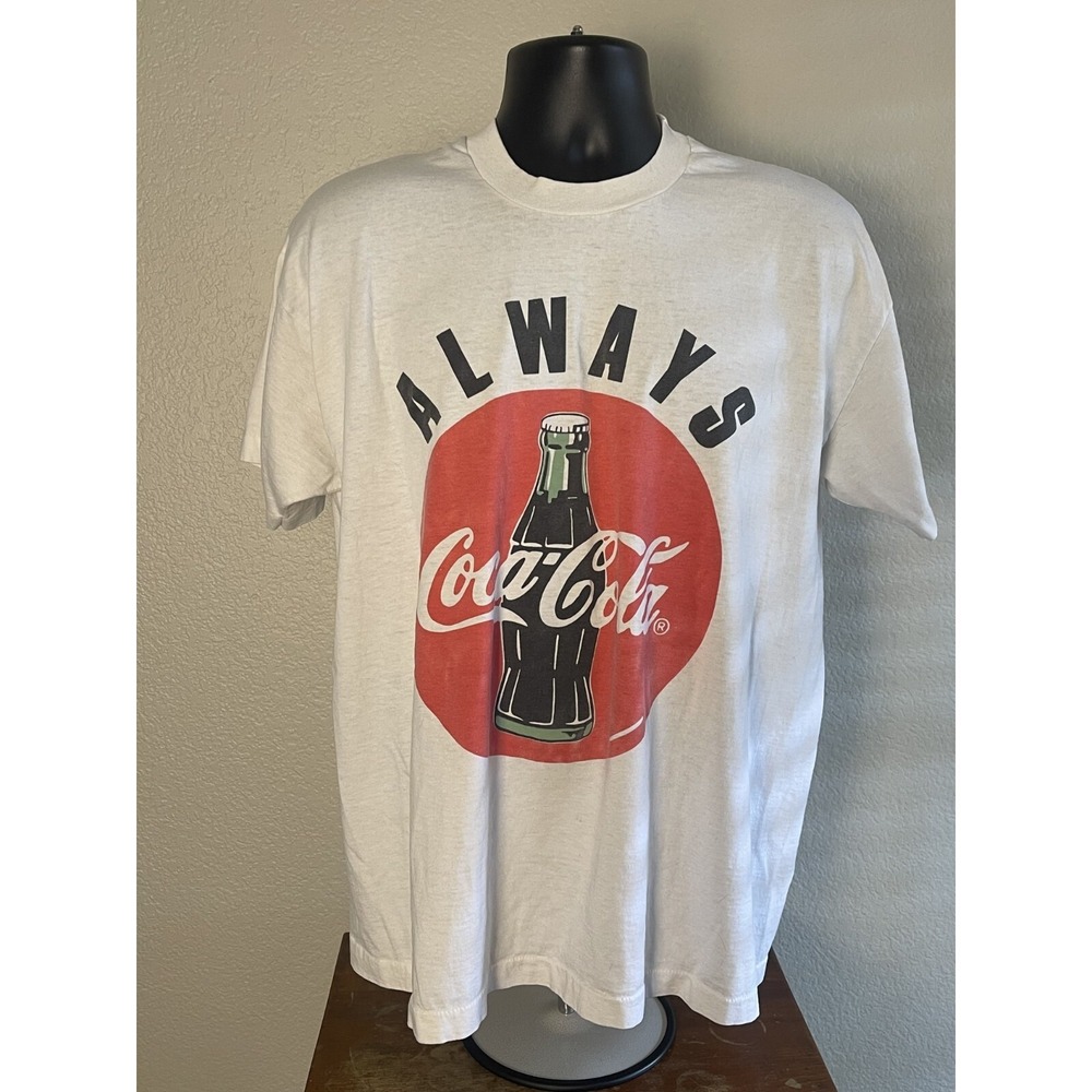 Vtg Coca Cola Always Graphic Print White T-shirt Size XL Single Stitch